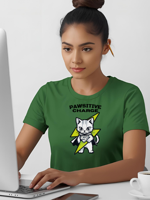 Pawsitive Charge Cat T-Shirt Green